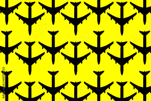 Pattern of tourism and travel. Set of passenger planes on a pastel yellow background 