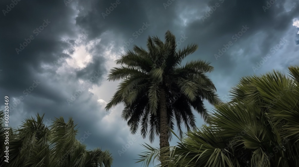 Low angle view of palm tree against cloudy sky Generative AI