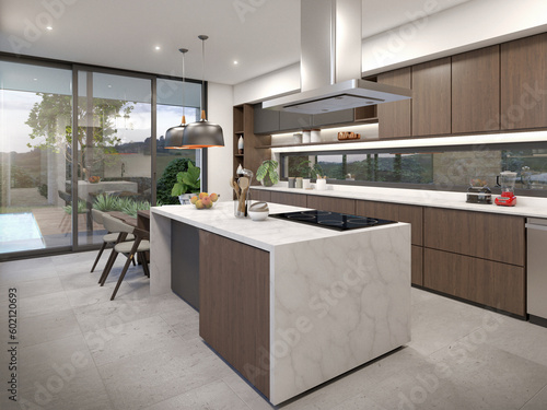 Photos Cocina con isla central y vista a patio terraza, 3D render