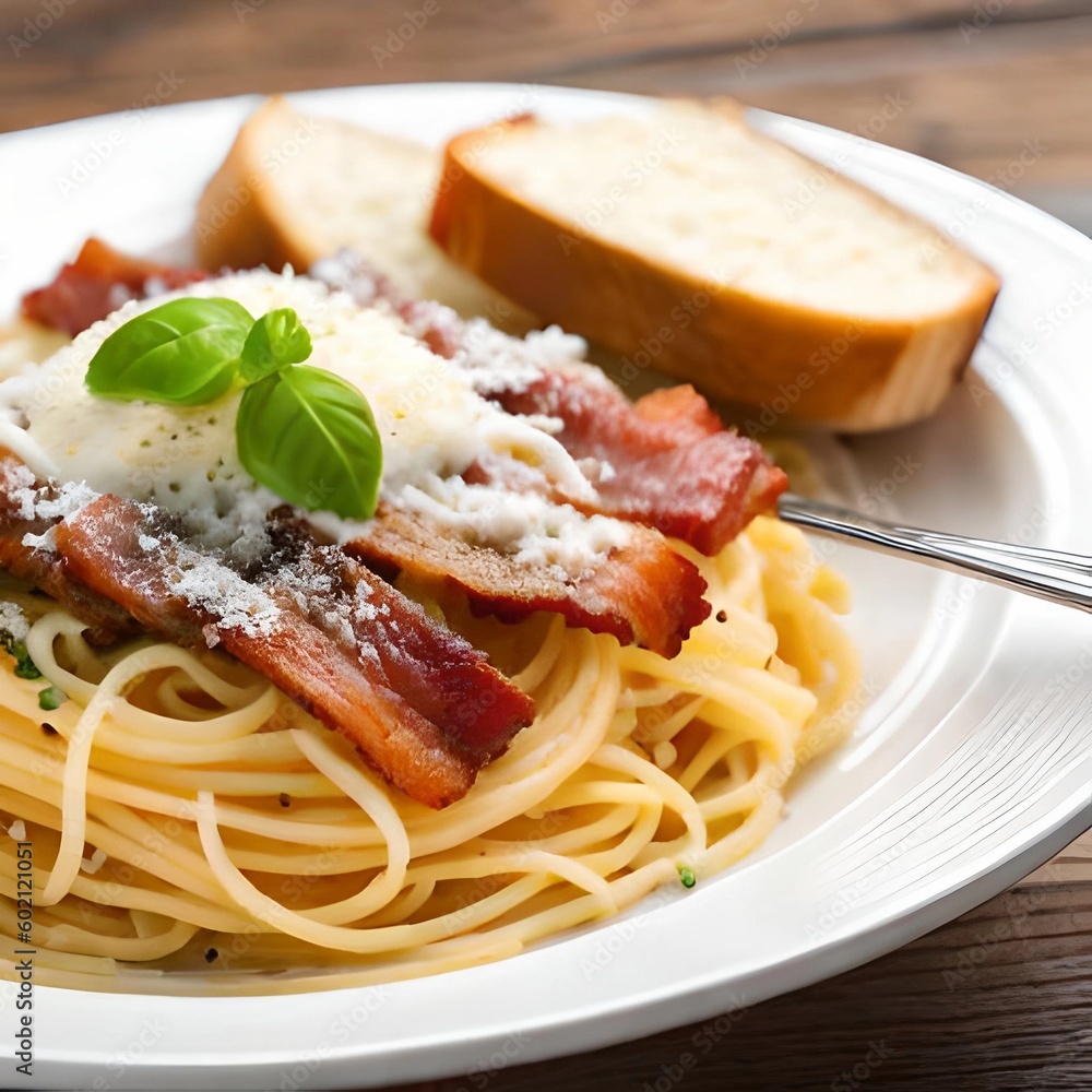 A bowl of spaghetti carbonara, topped with crispy bacon and grated Pecorino Romano cheese A bowl of spaghetti carbonara, topped with crispy bacon and grated Pecorino Romano cheese