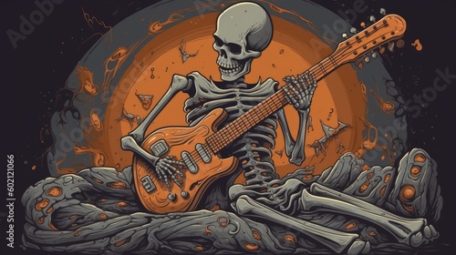 Generative AI Art: Comfycore Cartoon Skeleton Playing Guitar, Neo-Pop Iconography with Light Orange and Dark Gray photo