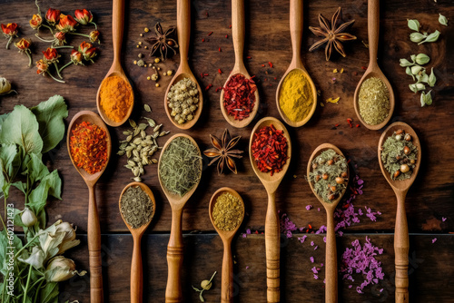 Fototapeta Naklejka Na Ścianę i Meble -  Rustic spoons filled with spices and herbs on a wood table, youthful energy. Generative Ai.