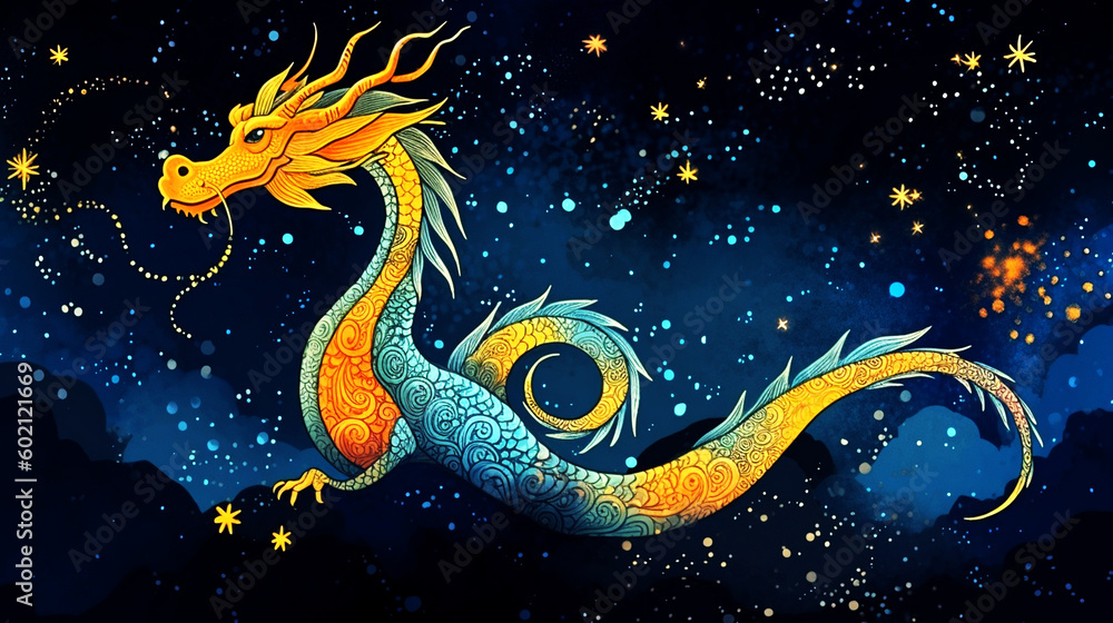 Dragon in the night sky with stars. Colorful illustration for your design