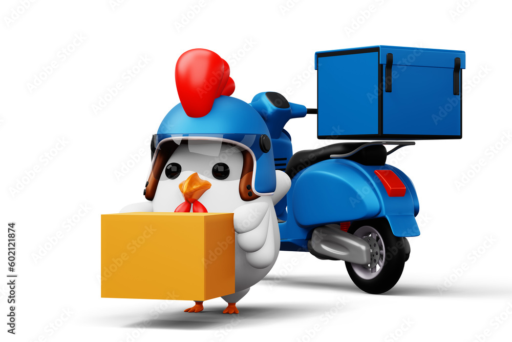 Cute chicken holding a parcel box, delivery chicken, 3d rendering