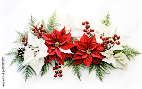 Red poinsettia and pine branches on white background, scattered composition. Generative AI. 