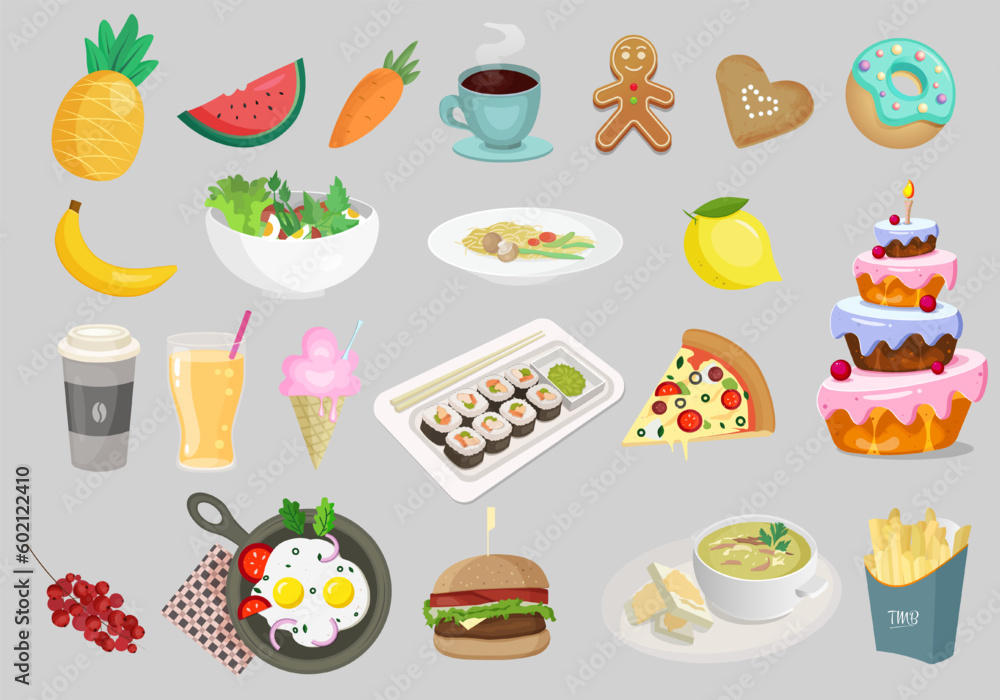 Set of yummy food. Collection of food and drinks. Vector illustration fast food, cake, fruits. Set of yummy food. Collection of food and drinks. Vector illustration fast food, cake, fruits.