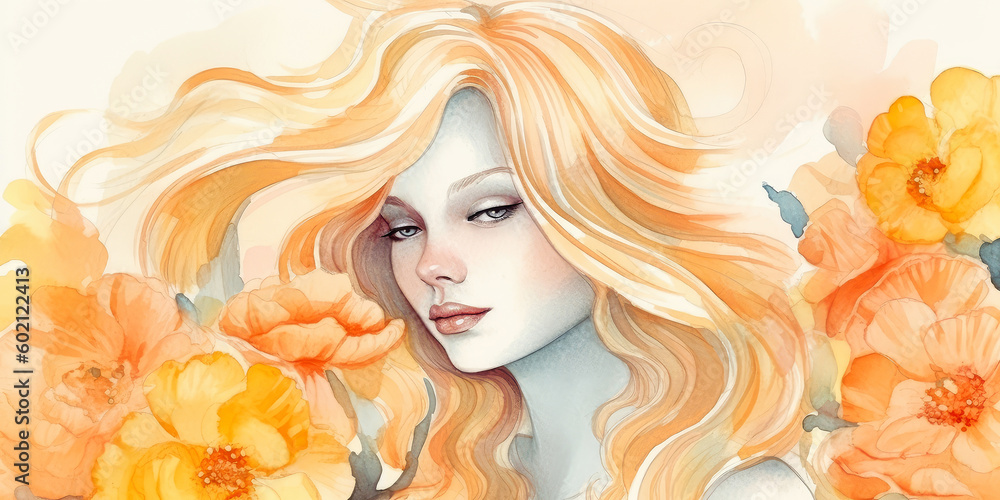 Watercolor young woman with flowers portrait art. Colorful creative watercolor illustration. Generative Ai