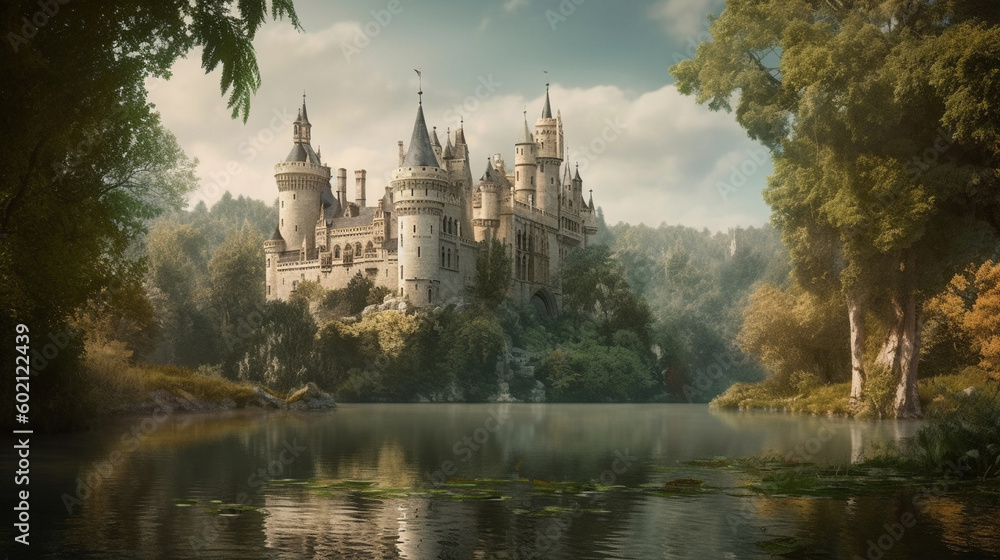 Obraz premium A generative ki illustration of a romantic castle on a lake with idyllic surroundings.