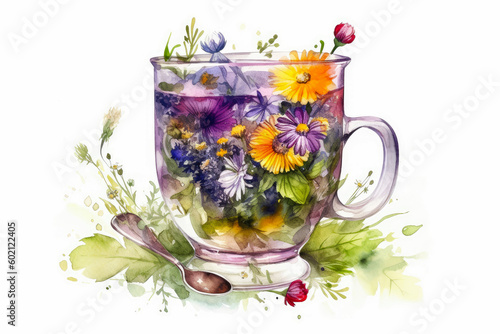 A cup of tea or coffee decorated with flowers. Summer morning drink. Generative Ai