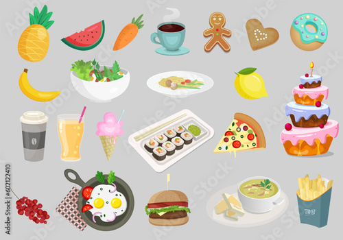 Set of yummy food. Collection of food and drinks. Vector illustration fast food, cake, fruits.