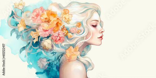 Watercolor young woman with flowers portrait art. Colorful creative watercolor illustration. Generative Ai