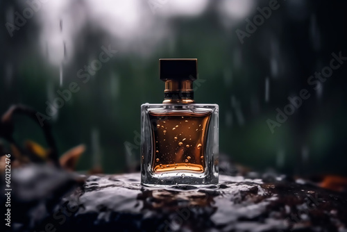 Modern glass men perfume bottle among black rocks in the rain, fragrance and perfumery, post-processed, generative ai