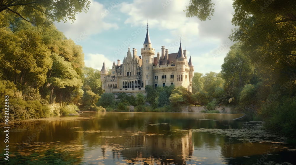 Obraz premium A generative ki illustration of a romantic castle on a lake with idyllic surroundings.