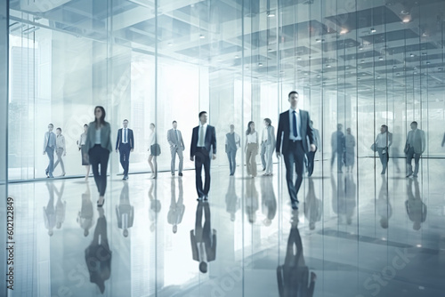 Blurred business people walking over an office background. Business FInancial Concept. Generative AI