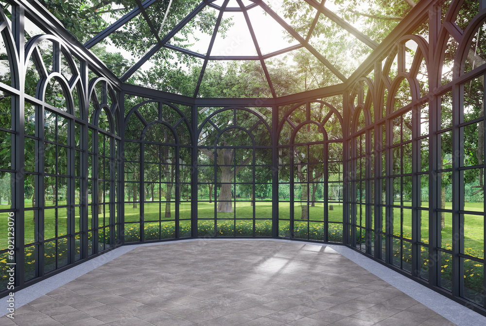 Modern classical style transparent house empty room interior with nature view 3d render, There are tile floor, glass walls with arch shape window overlooking green garden, sunlight backlit into room. Modern classical style transparent house empty room interior with nature view 3d render, There are tile floor, glass walls with arch shape window overlooking green garden, sunlight backlit into room.