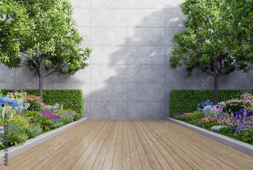 Fototapeta Naklejka Na Ścianę i Meble -  Empty exterior concrete wall for copy space with colorful flower garden 3d render, There are wooden floor sunlight on the wall