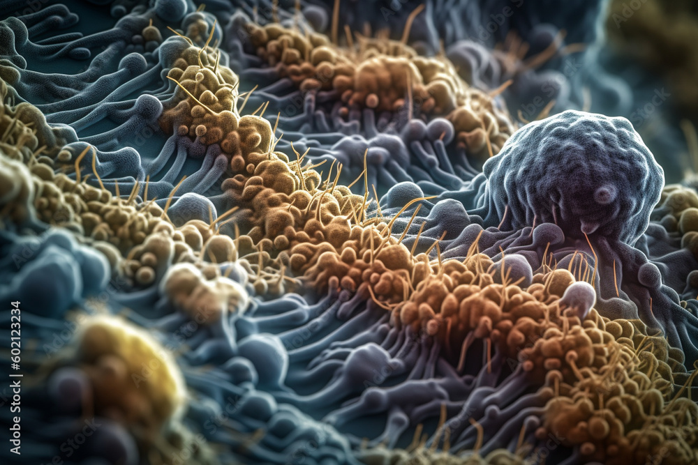 A close-up of a colony of bacteria under a microscope, with intricate details visible, bacteria Generative AI A close-up of a colony of bacteria under a microscope, with intricate details visible, bacteria Generative AI