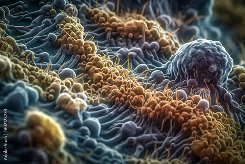 A close-up of a colony of bacteria under a microscope, with intricate details visible, bacteria Generative AI