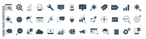 SEO and Development icon set. Search engine Optimization, business, marketing, target, ranking, contact, website, traffic solid icon vector