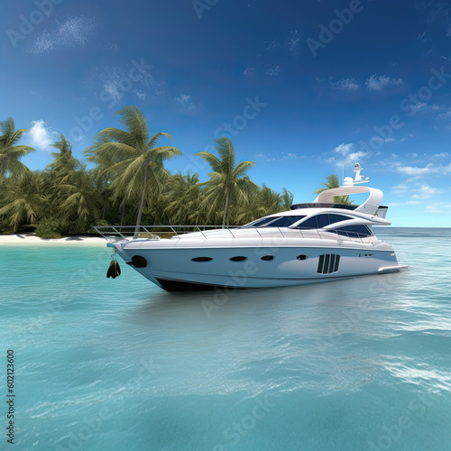 Luxury private motor yacht on tropical island on background. Generative AI