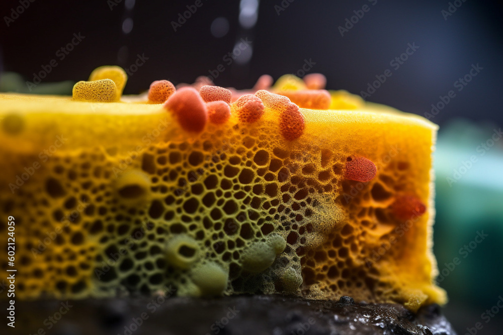 A closeup of bacteria on the surface of a kitchen sponge, highlighting