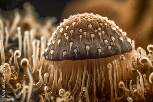 A photo of bacteria on the surface of a mushroom, highlighting the role of microorganisms in breaking down organic matter, bacteria Generative AI photo