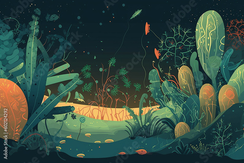 An artistic representation of bacteria as part of a complex ecosystem, with plants, animals, and insects in the background, bacteria Generative AI