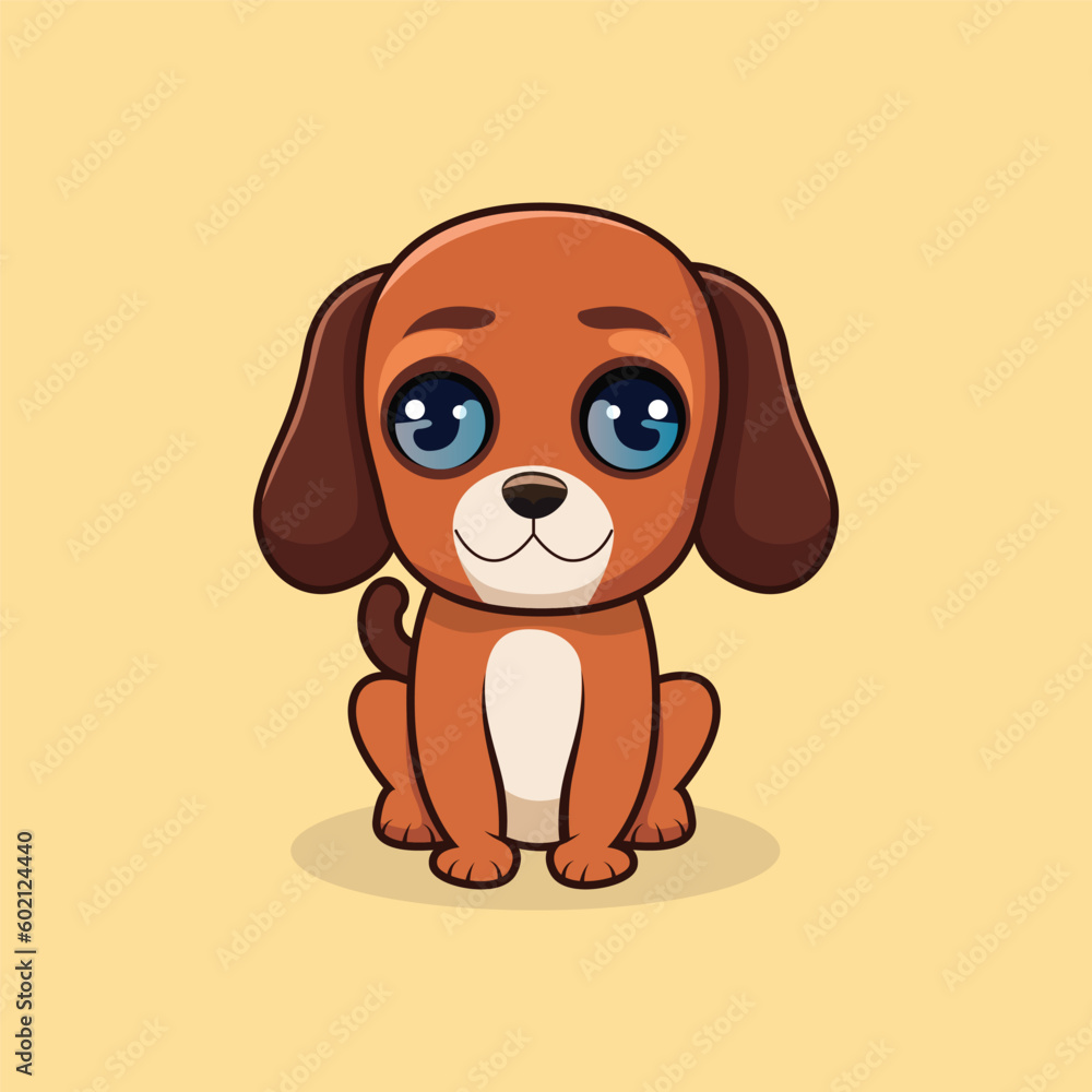 Adorable dog vector flat style illustration for children book. Front view sitting cute dog icon clip- art. Wildlife animal character logo for world dog day.