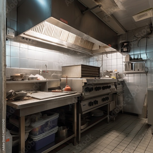 Empty Restaurant Kitchen. Industrial Fryers and Pans for Sale. generative ai