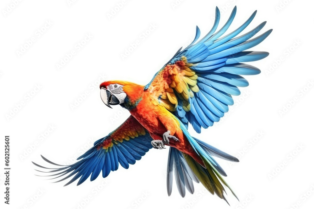 Fototapeta premium Colorful macaw flying isolated on white background,Generative, AI, Illustration.