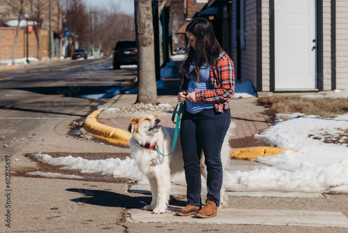 Woman crossing the street with her large dog