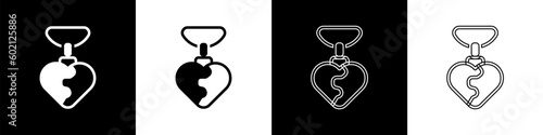 Set Necklace with heart shaped pendant icon isolated on black and white background. Jewellery decoration. International Happy Women Day. Vector