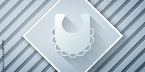 Paper cut Baby bib icon isolated on grey background. Paper art style. Vector