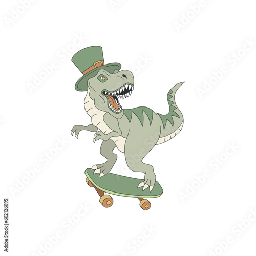 St. Patrick Irish party dinosaur in leprechaun hat on skate board vector illustration isolated on white. Retro 70s 60s Groovy Patrick design.
