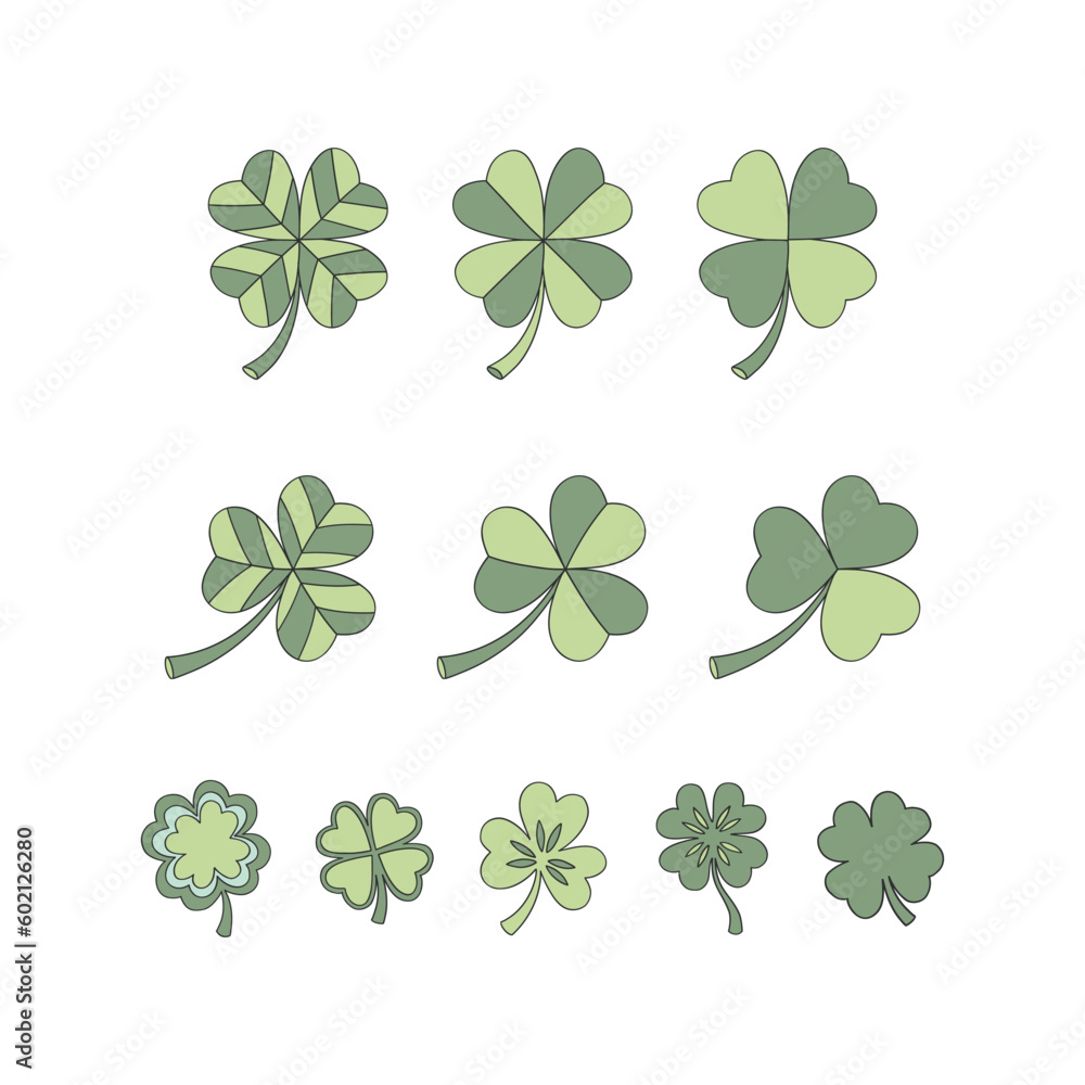 St. Patrick green shamrock leaves vector illustrations set isolated on white. Lucky clover leaf. Retro 70s 60s Groovy Patrick design. St. Patrick green shamrock leaves vector illustrations set isolated on white. Lucky clover leaf. Retro 70s 60s Groovy Patrick design.
