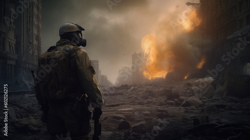 Soldier in the middle of a war in an apocalyptic city. Image generated by AI.