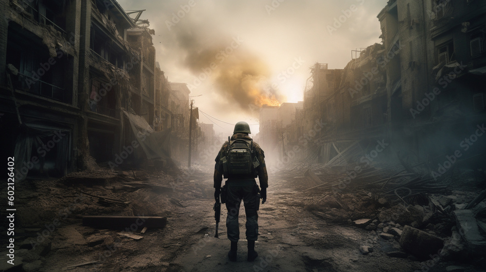 Soldier in the middle of a war in an apocalyptic city. Image generated by AI.