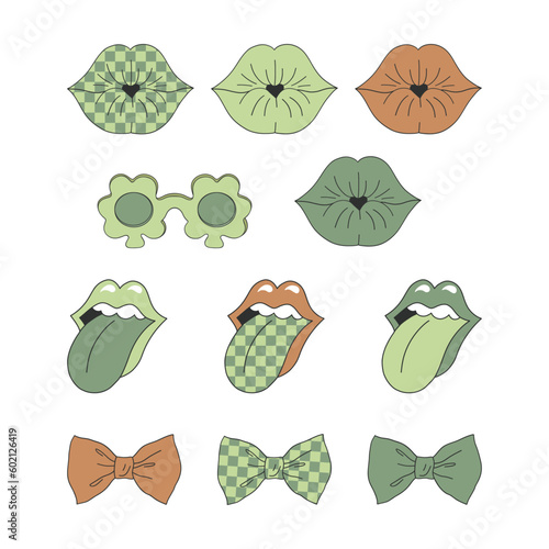 Festal Patrick Day fashion objects. Green St Patrick kiss, lips with tongue, Shamrock party glasses, tie bow vector illustrations set isolated on white. Retro 70s 60s groovy 17 March design.