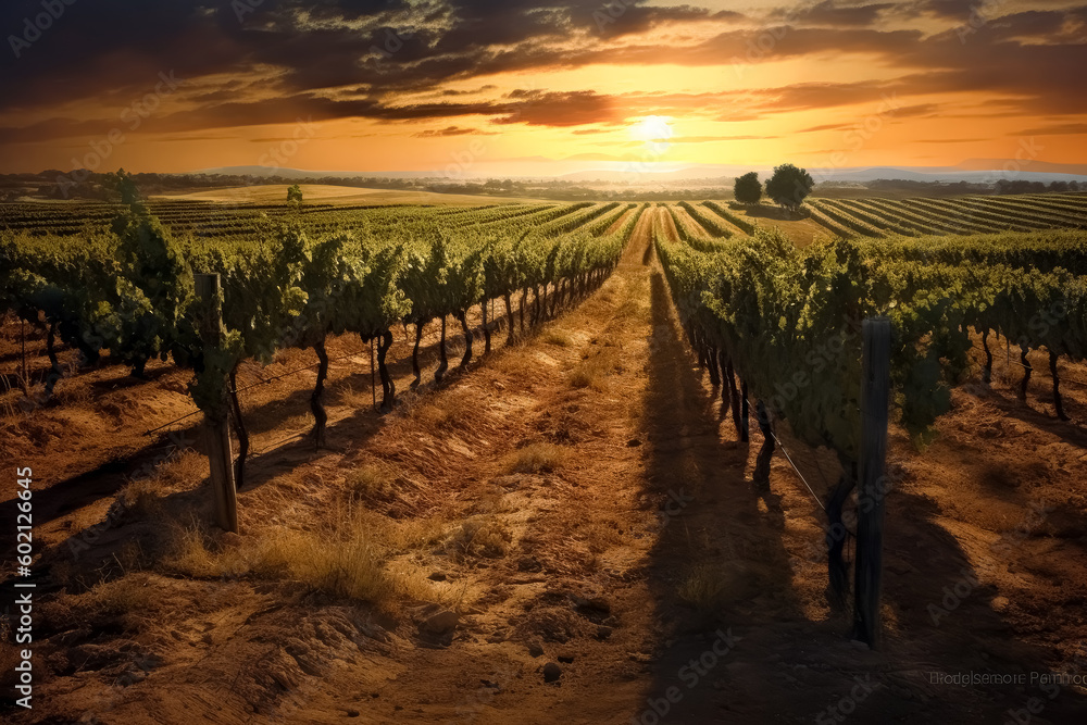 Wine vineyard with grapes and sunset in the background, oak and wine vines in autumn. Generative Ai.
