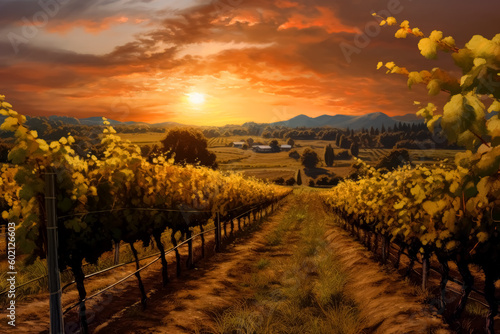 Wine vineyard with grapes and sunset in the background, oak and wine vines in autumn. Generative Ai. 