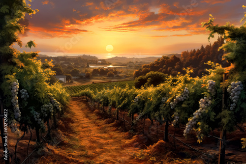 Wine vineyard with grapes and sunset in the background  oak and wine vines in autumn. Generative Ai. 