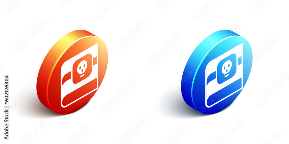 Obraz premium Isometric Book about poisons with skull icon isolated on white background. Danger sign, symbol of death. Orange and blue circle button. Vector