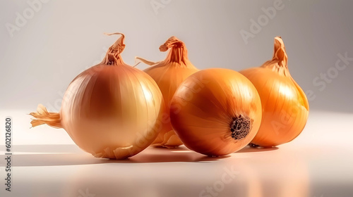 Macro, closeup, isolated fresh onion, lying on white glossy surface. Generative AI technology.