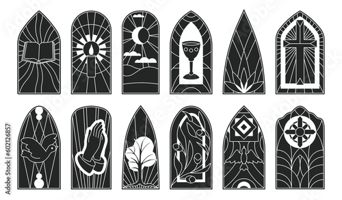 Stained glass vector black icon set . Collection vector illustration window church on white background. Isolated black icon set stained glass for web design.