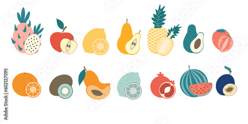 A set of whole fruits and half. Healthy natural exotic food on an isolated background.