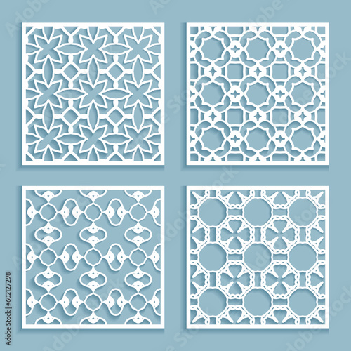 Templates for laser cutting, plotter cutting, printing. Square line patterns set. Geometric design cut out of paper. Mandala Islamic die cut ornament. Fretwork panels, cutout silhouette stencils
