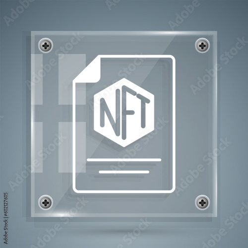 White NFT contract icon isolated on grey background. Non fungible token. Digital crypto art concept. Square glass panels. Vector