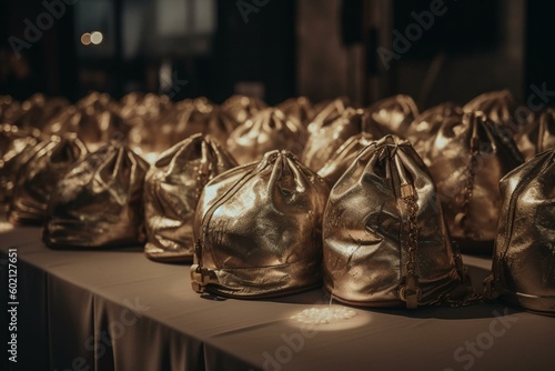 Tableau sur toile Several bags filled with golden items on a table at a reception event