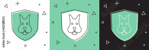 Set Animal health insurance icon isolated on white and green, black background. Pet protection concept. Dog or cat paw print. Vector