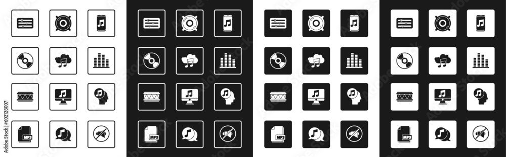 Set Music player, streaming service, CD or DVD disk, Sound mixer controller, equalizer, Stereo speaker, Musical note human head and Drum icon. Vector Set Music player, streaming service, CD or DVD disk, Sound mixer controller, equalizer, Stereo speaker, Musical note human head and Drum icon. Vector